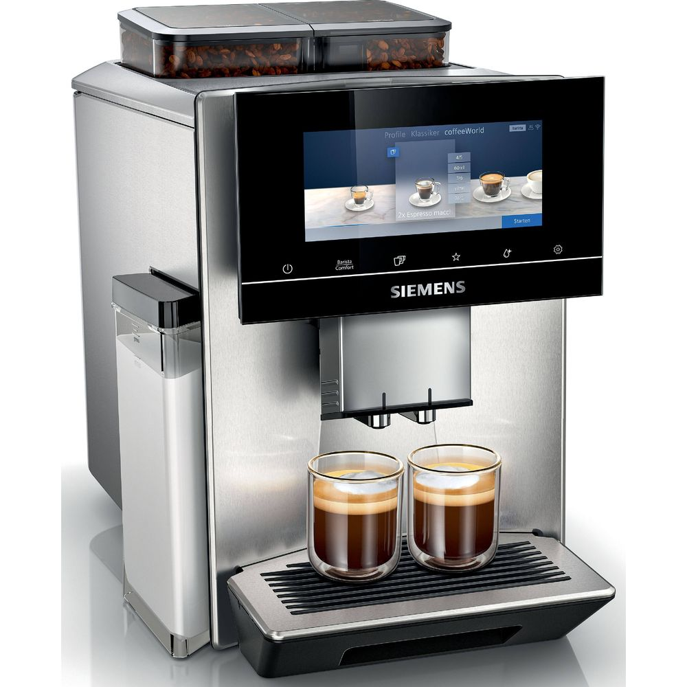 Ekspres do kawy ze stali nierdzewnej z dwoma filiżankami espresso i ekranem dotykowym.