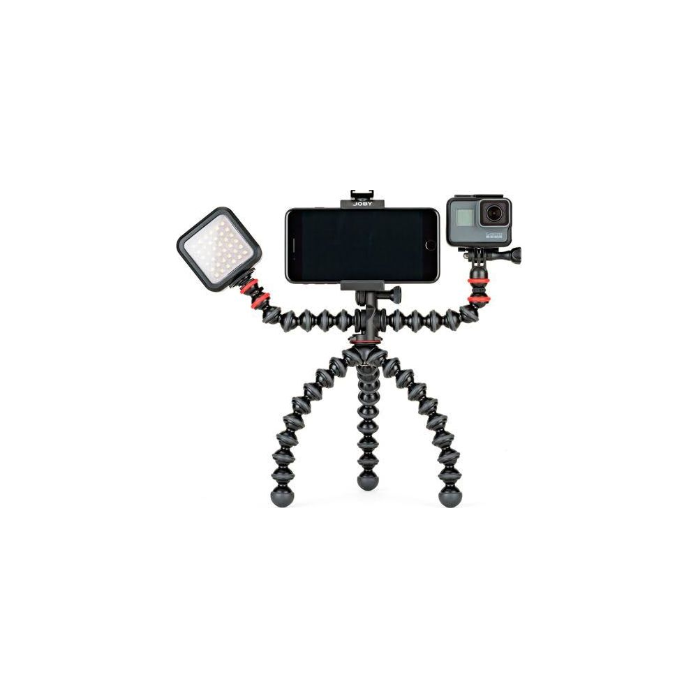Ein flexibler GorillaPod-Stativ mit Smartphone, Kamera und LED-Licht.