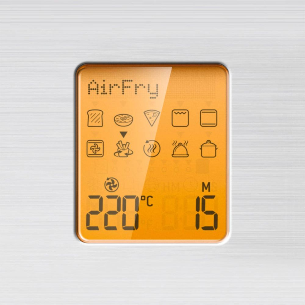 Affichage numérique d'une friteuse à air avec icônes, indiquant 220 degrés Celsius pendant 15 minutes.