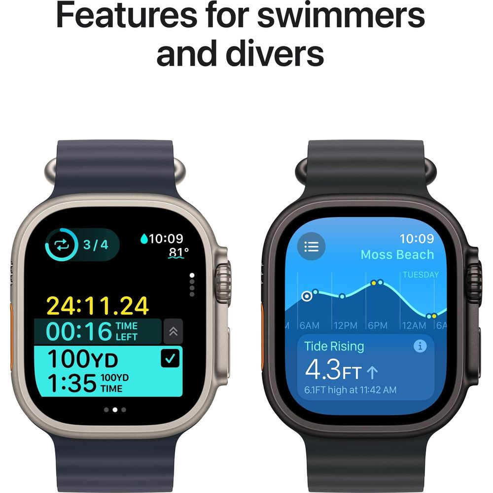 Twee smartwatches tonen zwem- en getijdeninfo. Links: Trainingsdata. Rechts: Getijde grafiek.