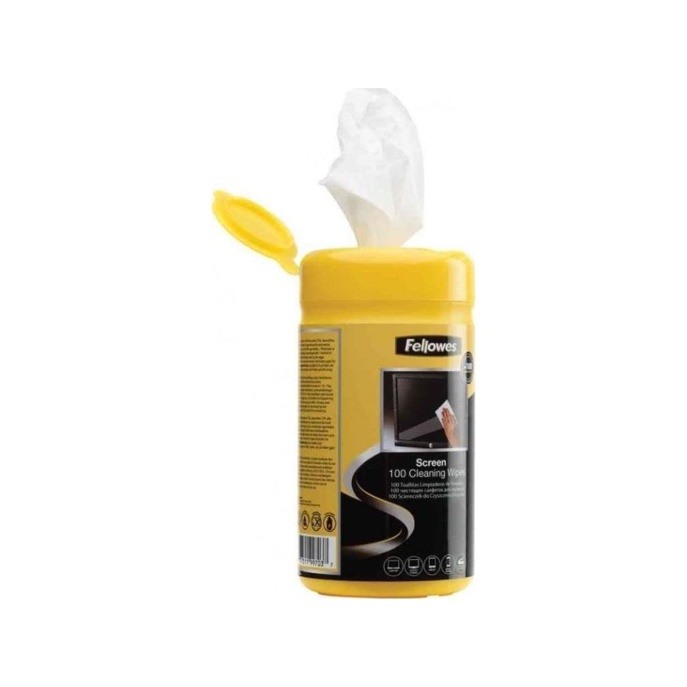 Contenitore giallo con coperchio a ribalta, eroga salviette per schermi.