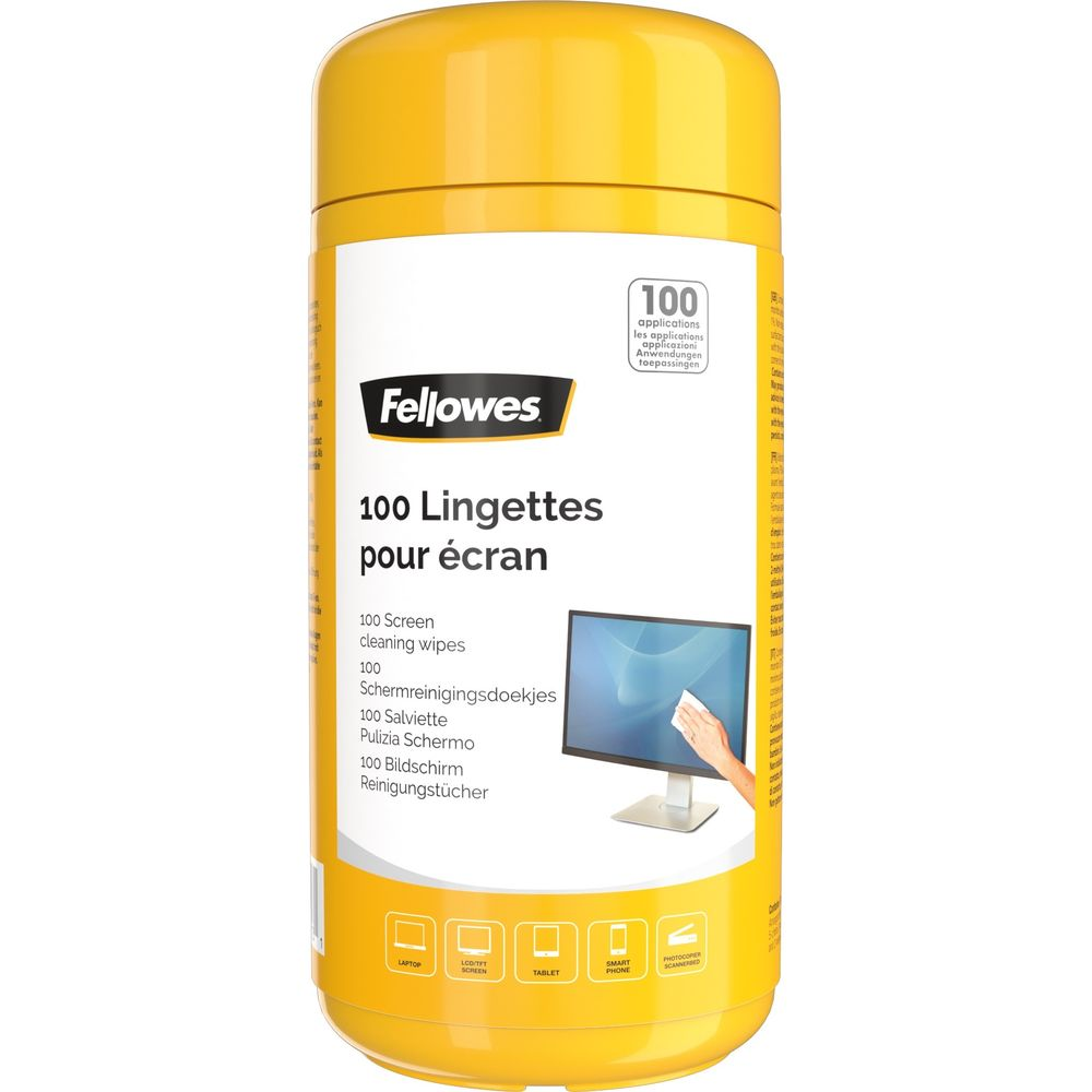 Contenitore giallo con 100 salviette per la pulizia dello schermo Fellowes.