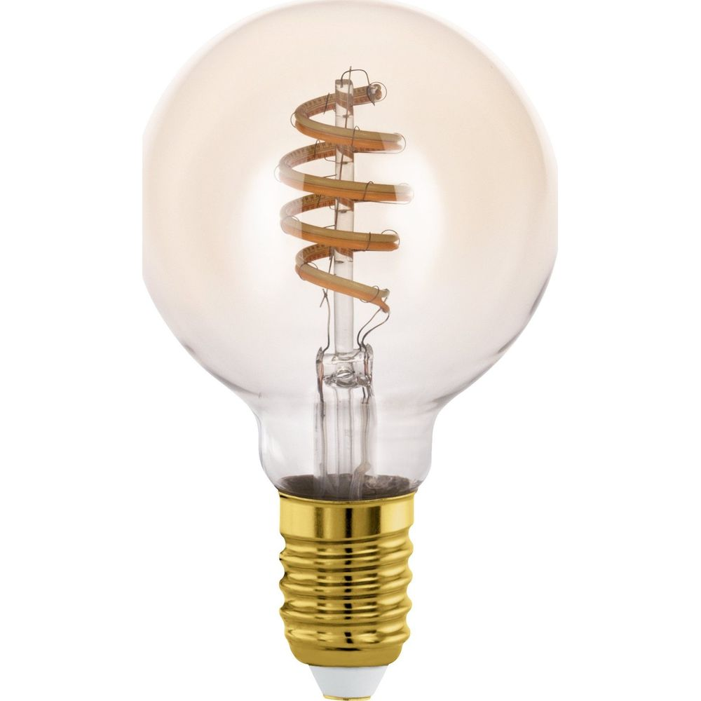 Una lampadina trasparente con filamento dorato a spirale e base dorata.