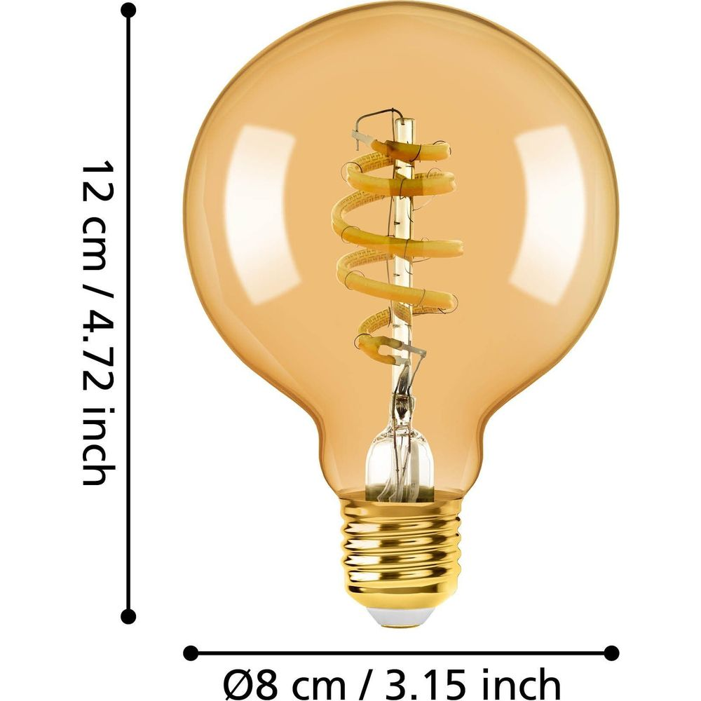 Lampadina color ambra con filamento a spirale. Misura 12 cm di altezza, 8 cm di larghezza.