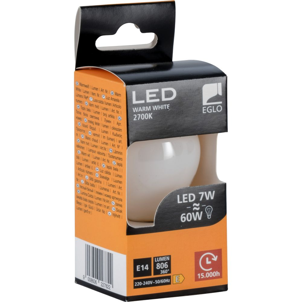 Emballage ampoule LED EGLO, 7W, 2700K, 806 lumens, blanc chaud.