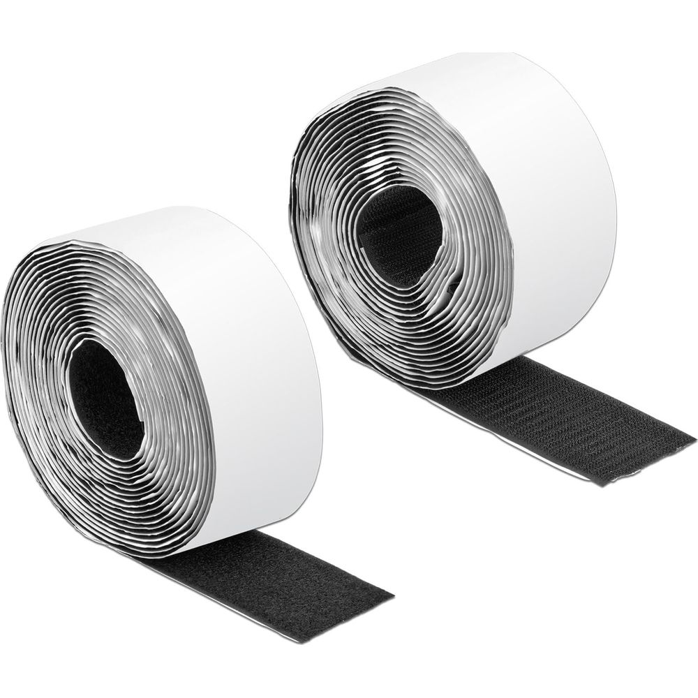 Dos rollos de cinta adhesiva negra de velcro.
