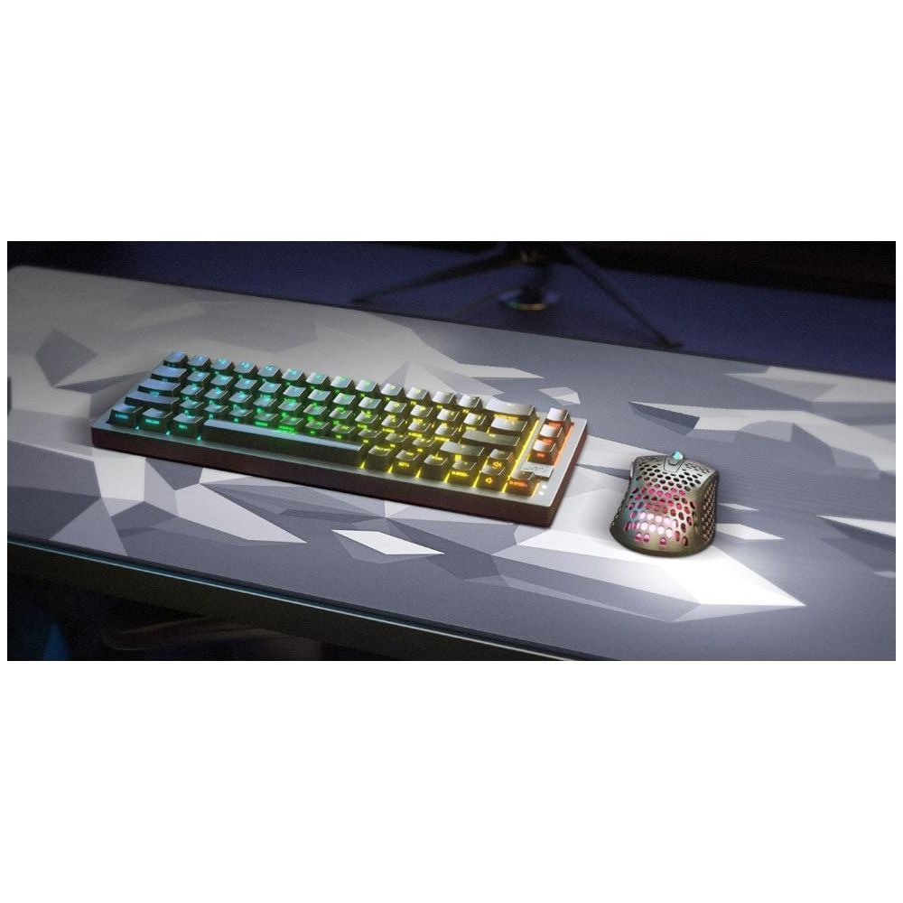 Eine RGB-Gaming-Tastatur und eine Maus mit Wabenmuster liegen auf einer grauen Unterlage.
