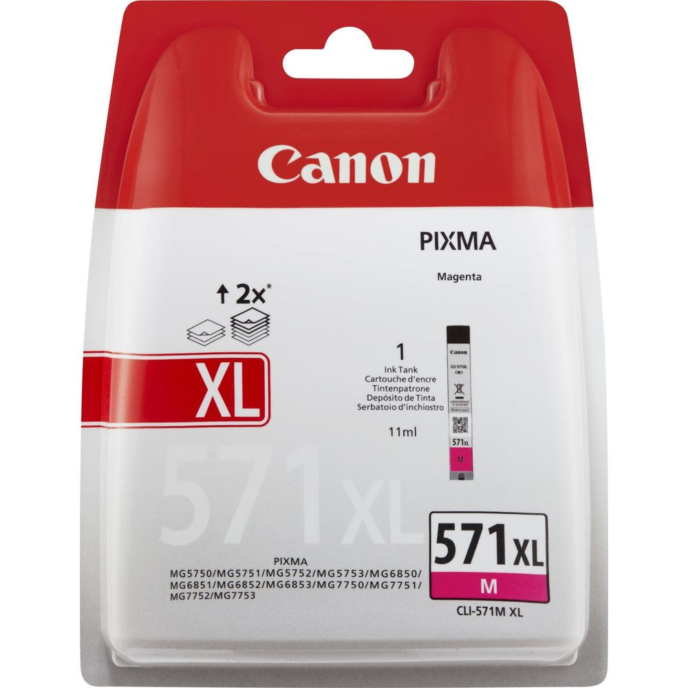 Canon PIXMA XL Magenta inkt. Verpakking toont 2x meer opbrengst en is voor modellen zoals MG5750.
