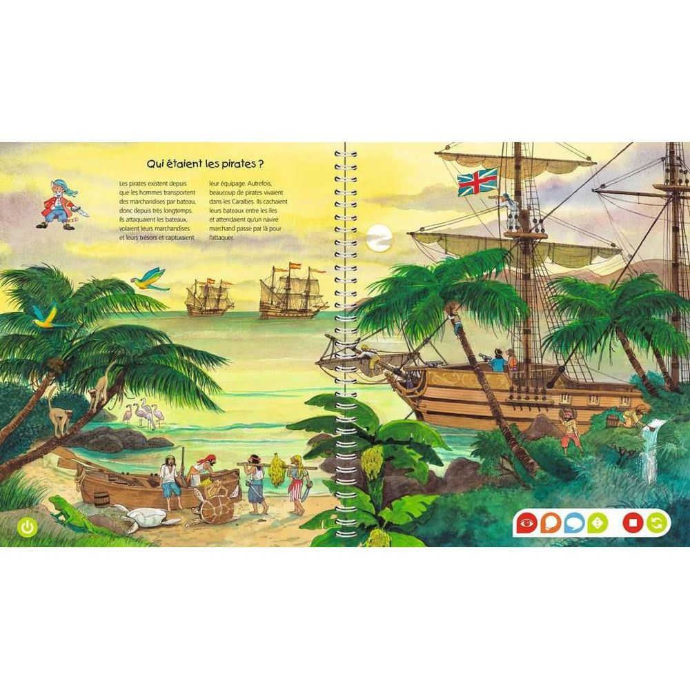 Pirati su una spiaggia tropicale con barche e navi. Si vedono palme e pappagalli.