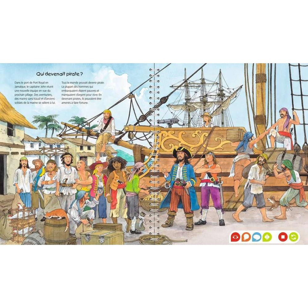 Pirati si radunano in un porto con una nave sullo sfondo.