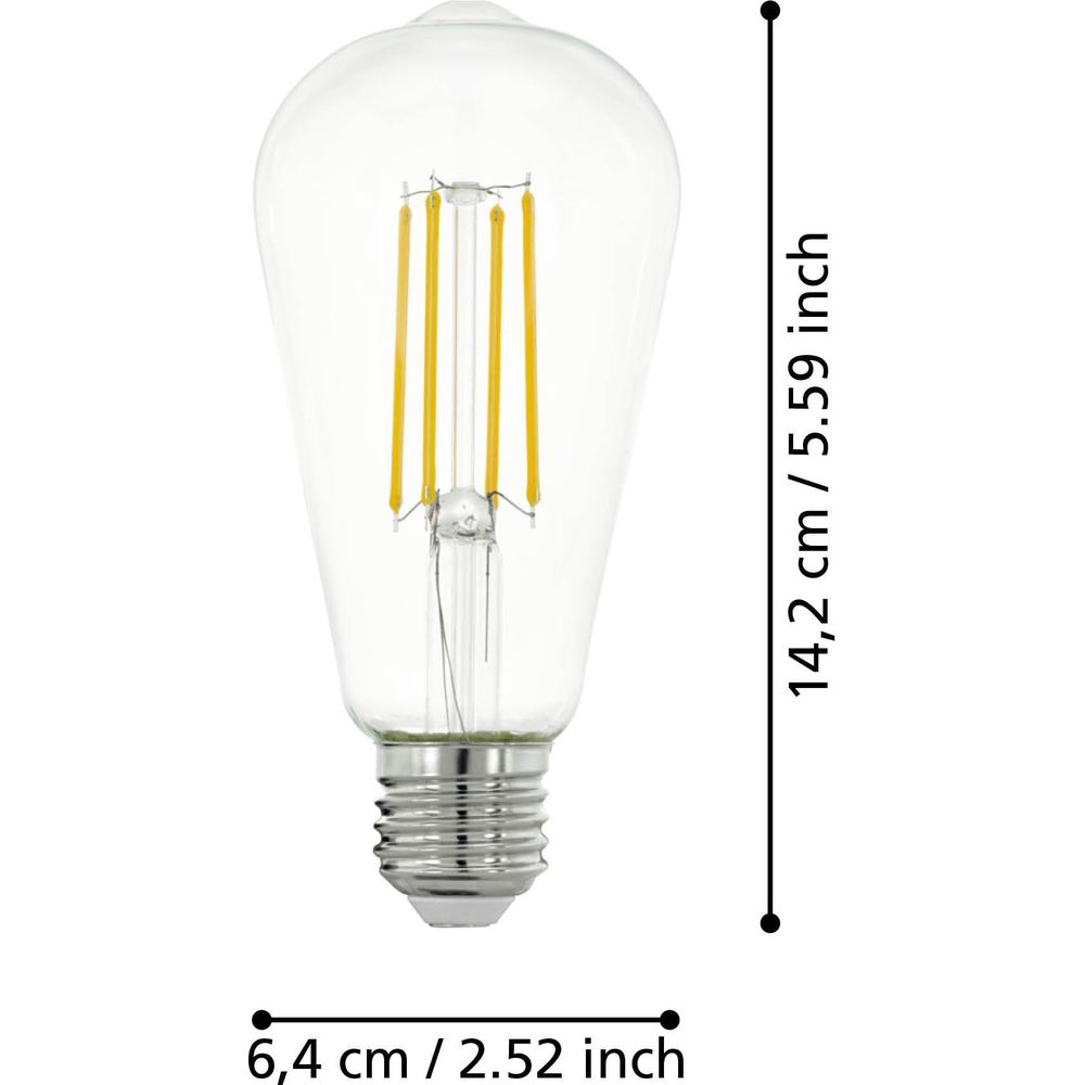 Une ampoule transparente avec des filaments et des marques de dimensions.