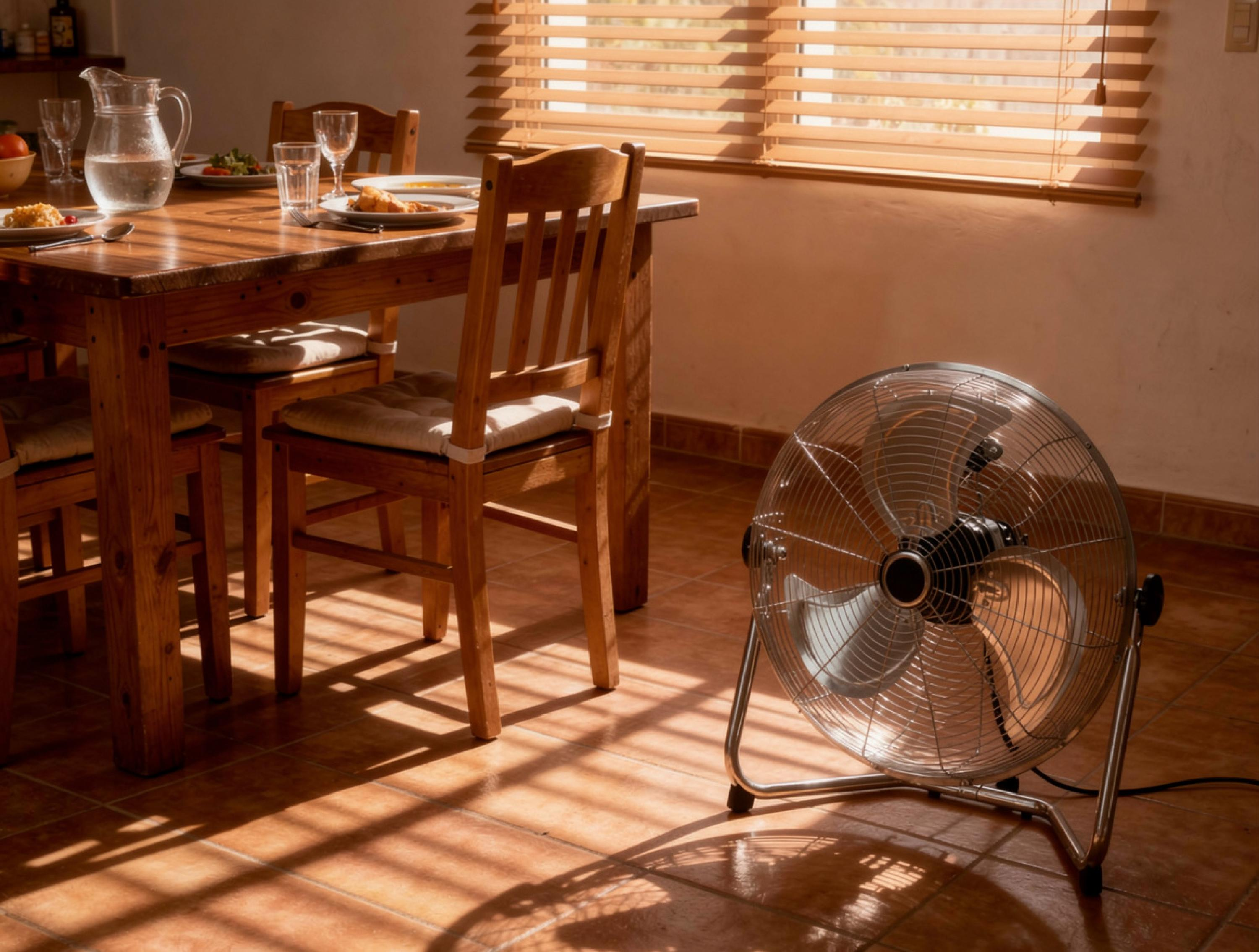 Un ventilador plateado se alza sobre un suelo de baldosas junto a una mesa de comedor.