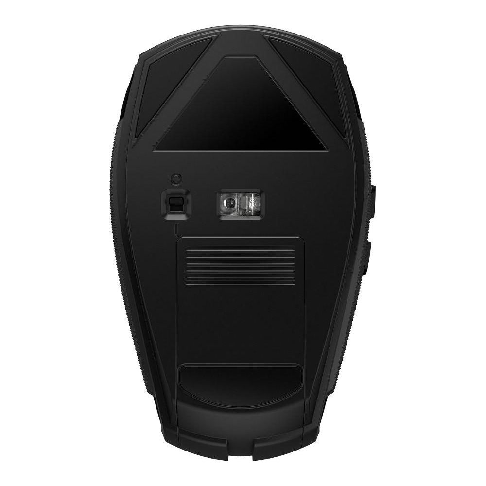 Spód czarnej myszy komputerowej z sensorem optycznym i przełącznikami.