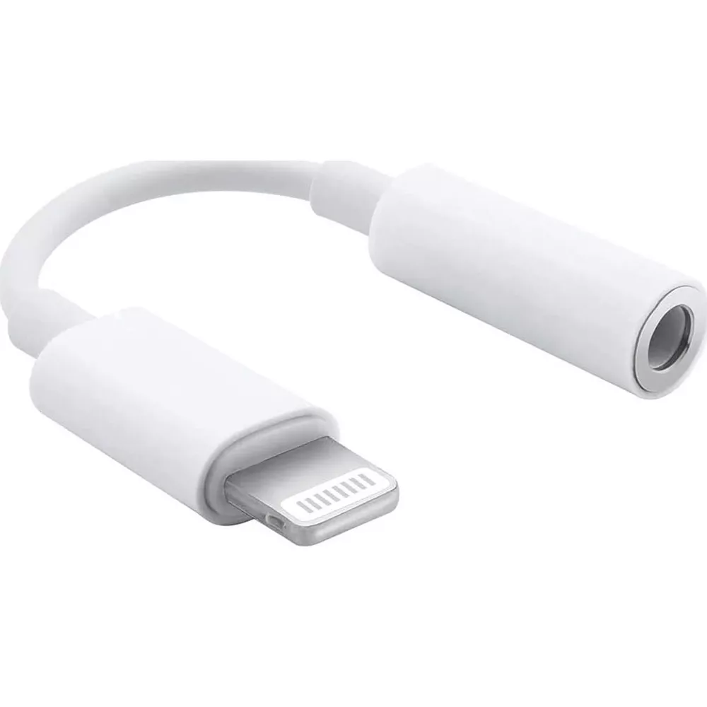 Un adaptateur blanc avec connecteur Lightning et prise 3,5 mm.