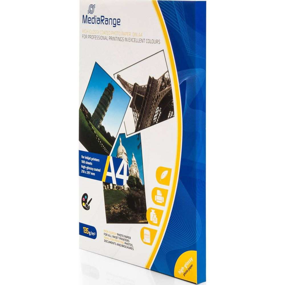 Verpackung für glänzendes A4-Fotopapier mit Bildern des Schiefen Turms und des Eiffelturms.