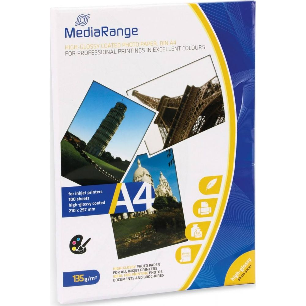 Verpackung für glänzendes Fotopapier mit Bildern des Schiefen Turms und des Eiffelturms.