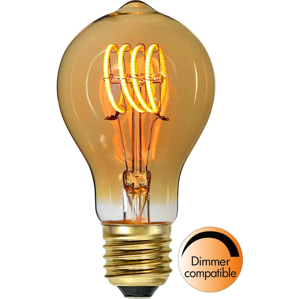 Une ampoule de couleur ambre avec filament visible et une icône de compatibilité variateur.