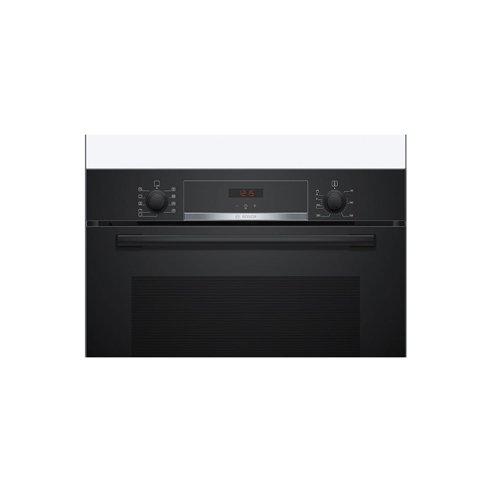 Nowoczesny czarny piekarnik do zabudowy z cyfrowym wyświetlaczem czasu.