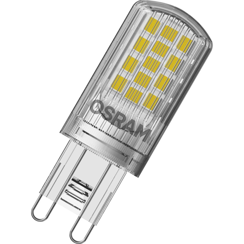Une ampoule LED OSRAM transparente avec des LED jaunes et deux broches métalliques.
