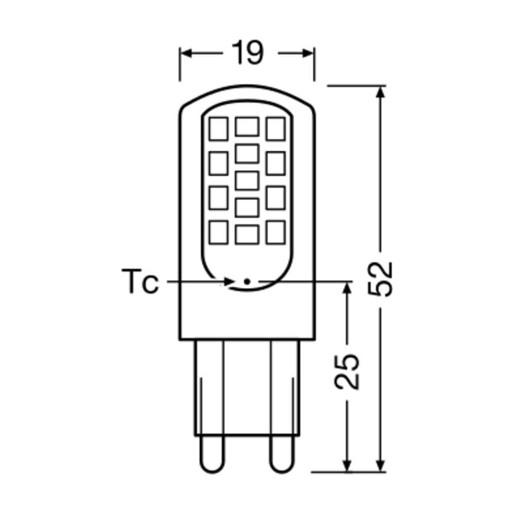 Rysunek techniczny lampy o wymiarach 19x52mm i 25mm.