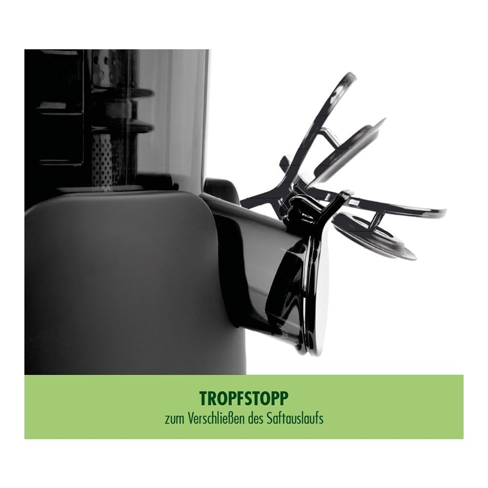 Ein schwarzer Entsafter mit Tropf-Stopp-Auslass.
