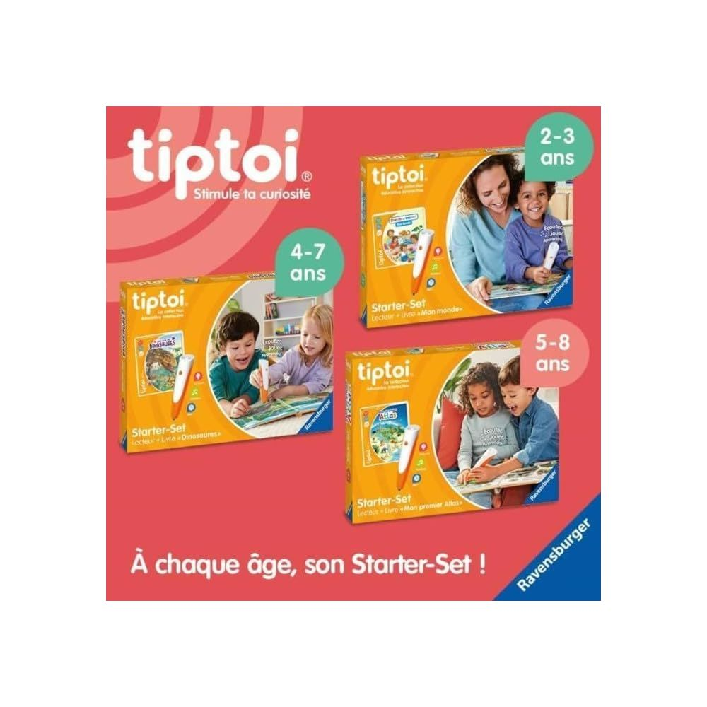 Tiptoi Starter Sets voor verschillende leeftijdsgroepen: 2-3, 4-7 en 5-8 jaar.