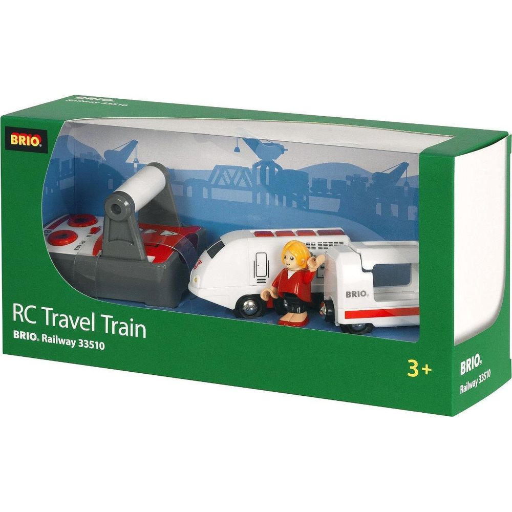 Giocattolo BRIO RC Treno da Viaggio con telecomando, treno e figura.