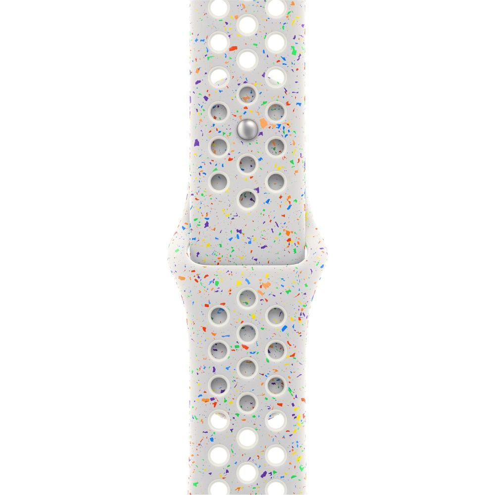 Biała opaska na zegarek z kolorowymi plamkami i dziurkami.