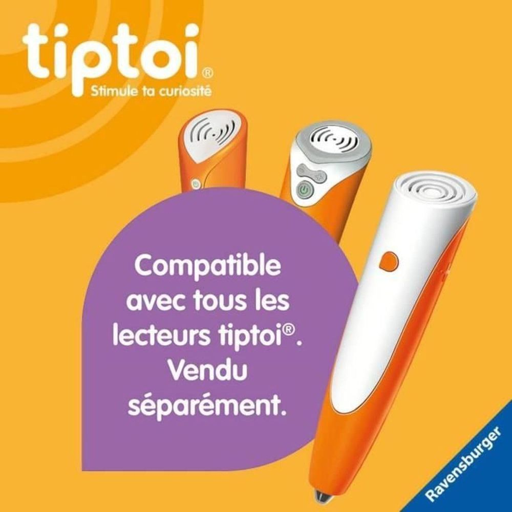 Tre penne Tiptoi arancioni e bianche su sfondo giallo. Testo: "Compatibile con tutti i lettori Tiptoi."