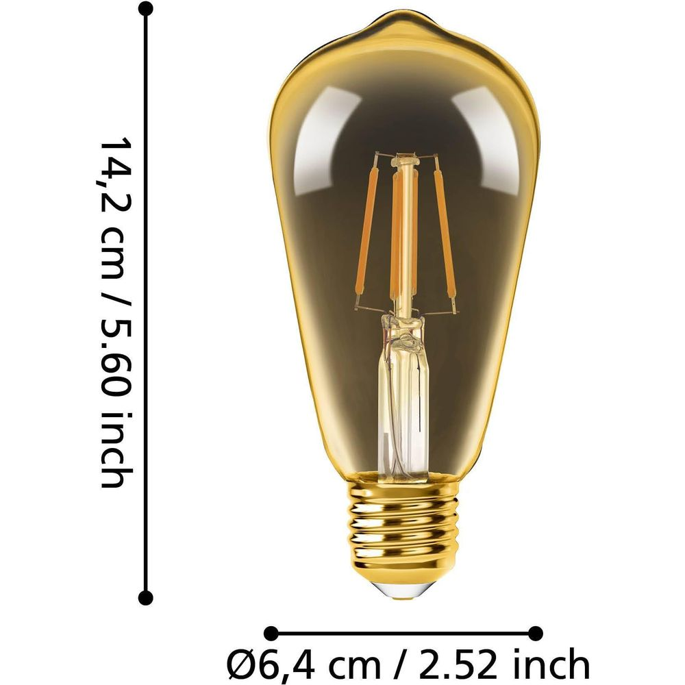Una lampadina Edison ambrata con filamenti visibili e base metallica. Dimensioni.
