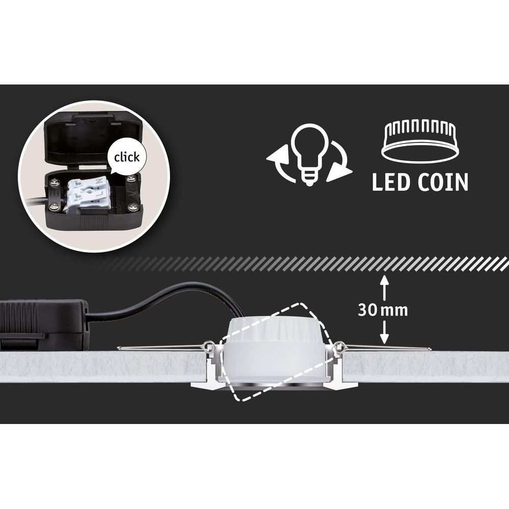 Einbauleuchte, 30mm Einbautiefe, mit Anschlusskasten und LED-Symbol.
