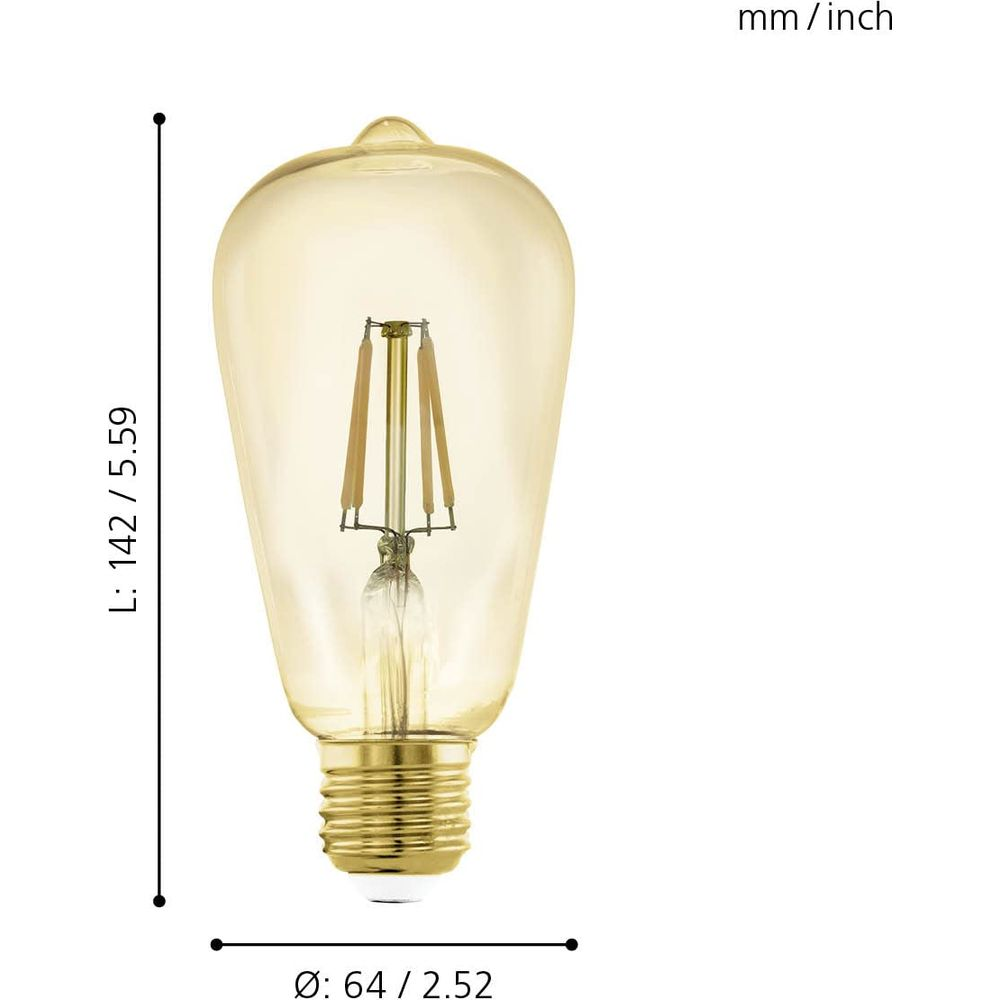 Una lampadina dorata Edison con filamenti visibili e segni dimensionali.