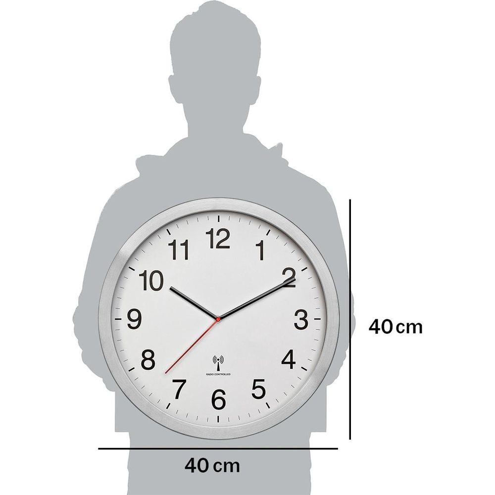 Ein 40cm großer, runder, weißer Wanduhr mit schwarzen Zeigern und Zahlen.