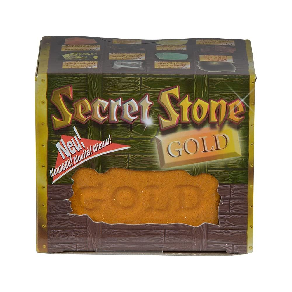 Schatzkiste mit Aufschrift "Secret Stone Gold". Darunter ein goldfarbener Klumpen.