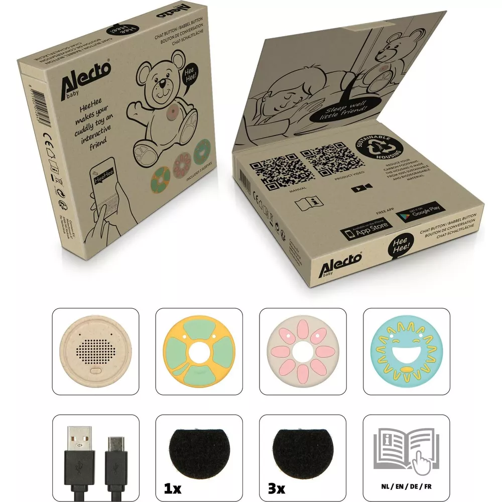 Alecto Baby Chat Button with accessories: main unit, 3 sleeves, cables, and manual.