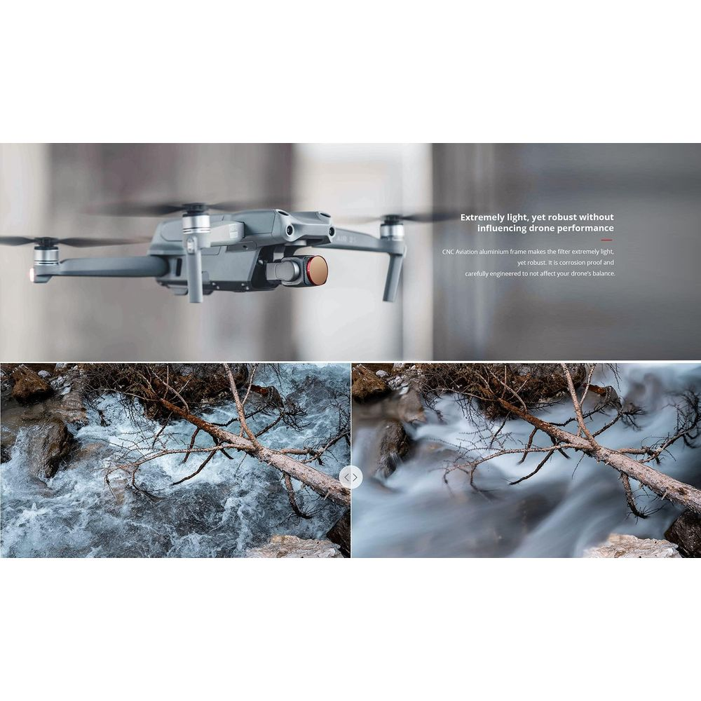 Szara dron DJI Mavic 3 leci nad rzeką z kłodą.