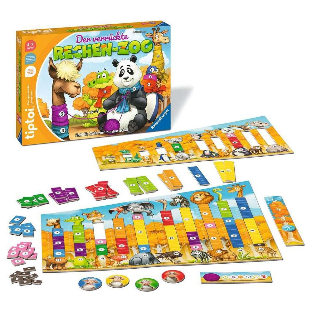 Tabellone di gioco con figure di animali colorate, numeri e gettoni.