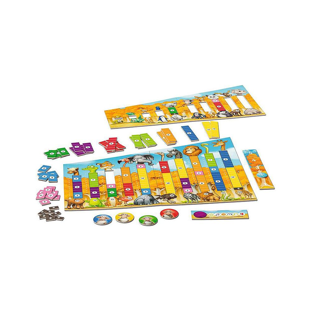 Gioco da tavolo con carte animali colorate, numeri e tabelloni.