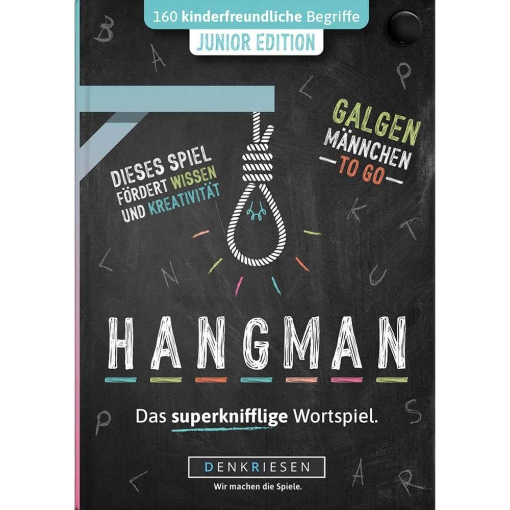Brettspiel "Hangman" mit Galgenmännchen-Illustration und bunten Buchstaben.