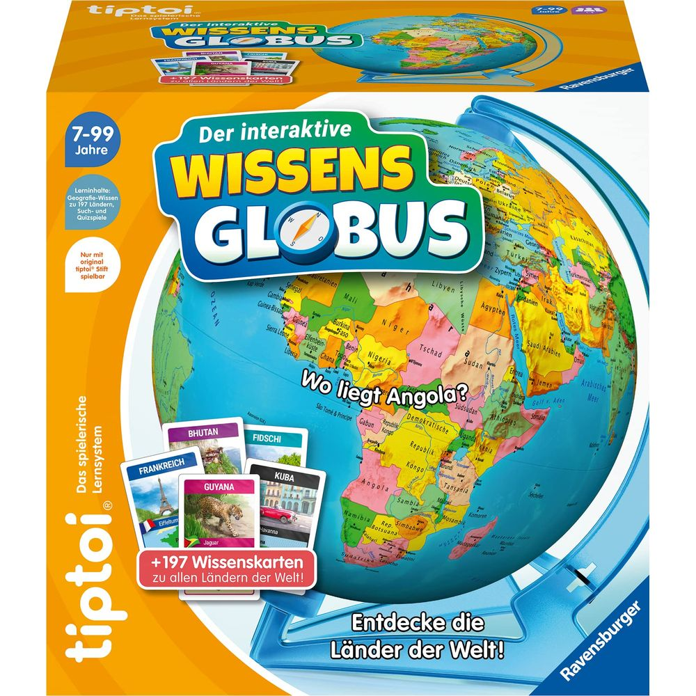 Globus wiedzy tiptoi pokazuje Afrykę z nazwami krajów i wieloma małymi kartami obrazkowymi.