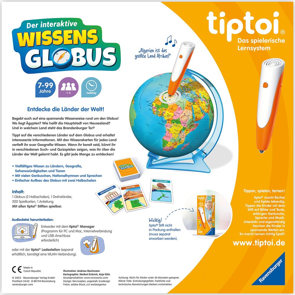 Interaktywny globus z pisakiem tiptoi. Pokazuje kraje, geografię i zwierzęta z info.