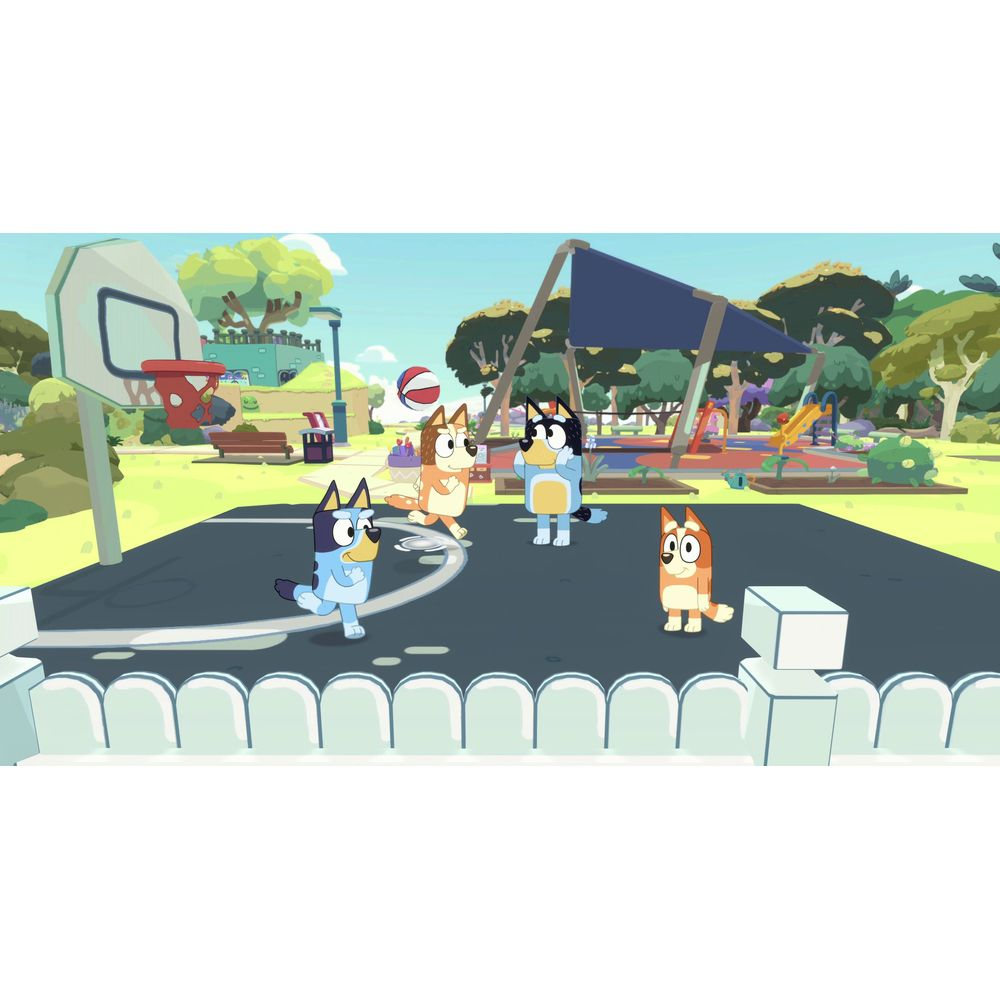 Vier Hunde spielen Basketball auf einem Spielplatz im Freien mit Bäumen und einer Rutsche.