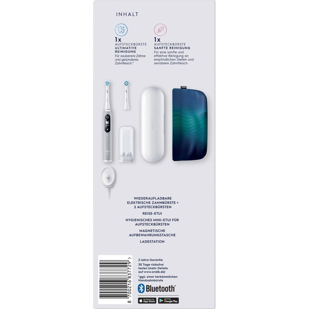 Szczoteczka elektryczna, stacja ładująca, 2 końcówki, etui podróżne i etui.