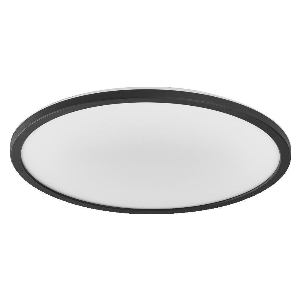 Un plafonnier rond avec un bord noir et un centre blanc.