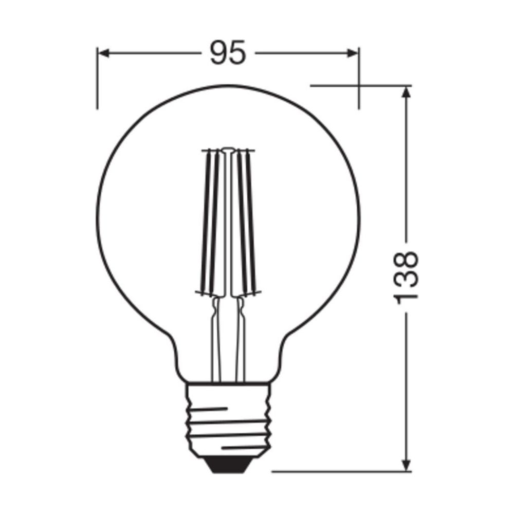 Rysunek techniczny żarówki o wymiarach 95mm szerokości i 138mm wysokości.