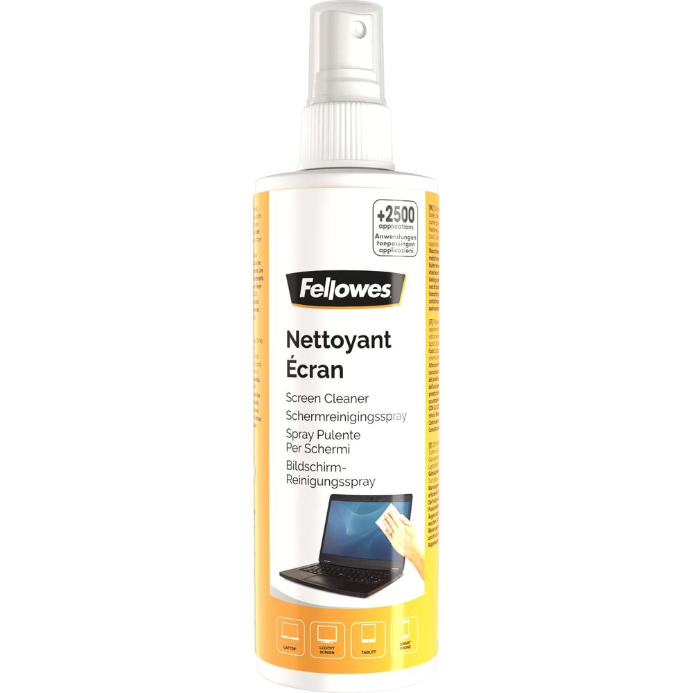 Flacone spray pulisci schermo Fellowes con immagine di laptop. Oltre 2500 applicazioni.