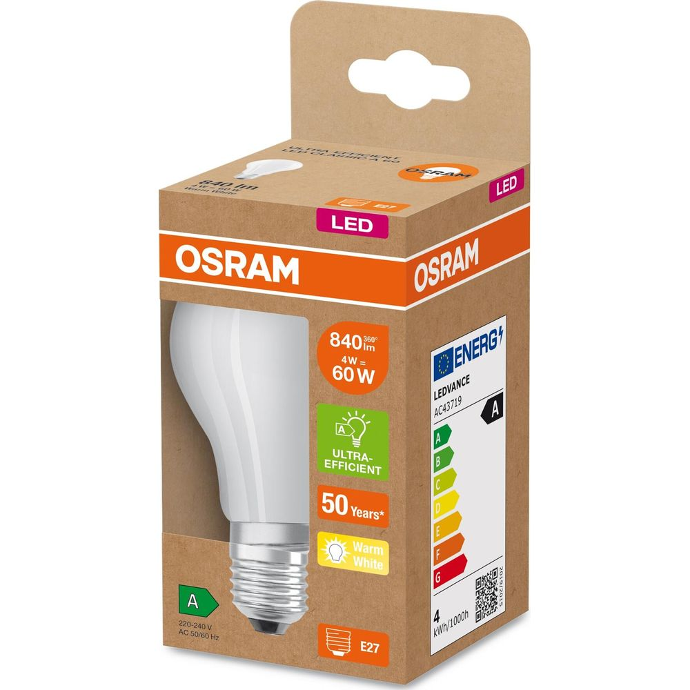 Osram LED-Lampe im Karton, Energieeffizienzklasse A, 840 Lumen.