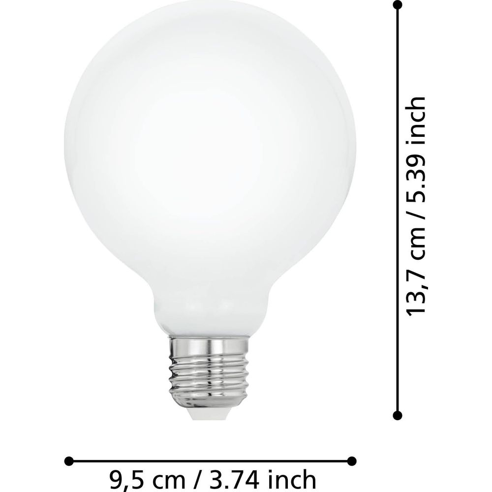 Une ampoule blanche avec dimensions : 13,7 cm de haut, 9,5 cm de large.