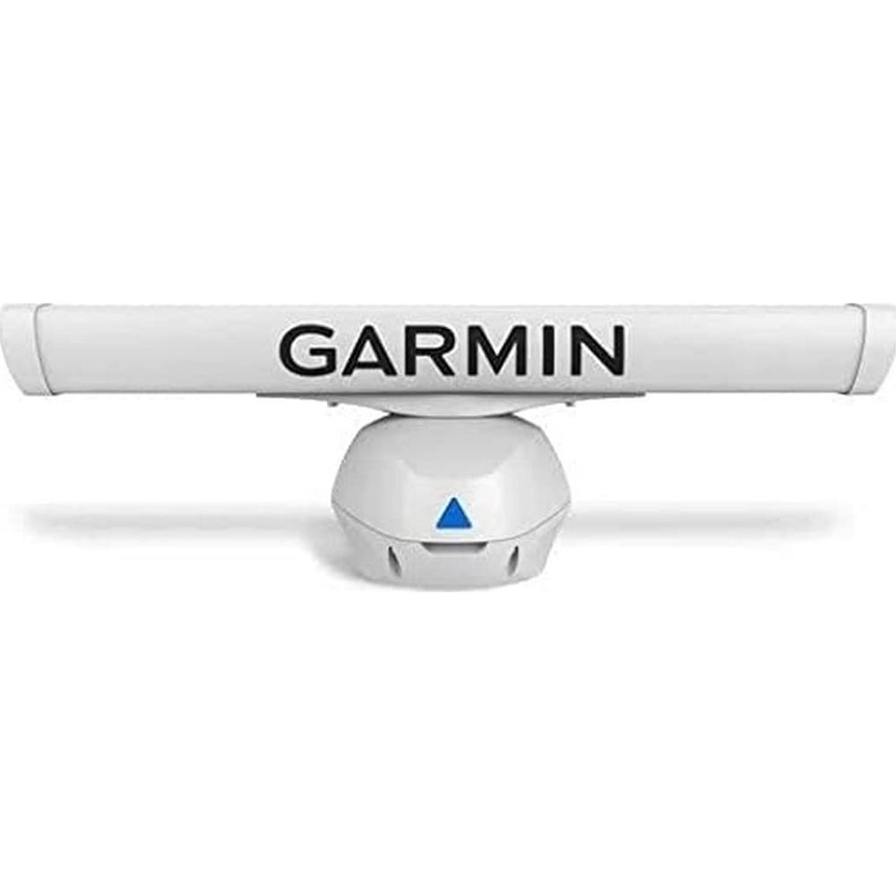 Ein weißer Garmin-Radar-Scanner mit blauem Dreieck.