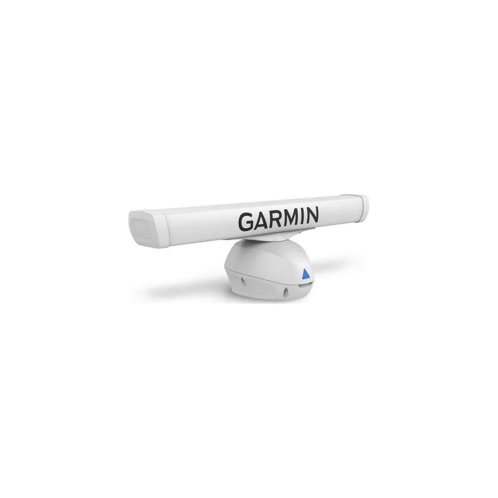 Ein weißer Garmin Radar-Scanner auf einem Sockel mit blauem Dreieck-Symbol.